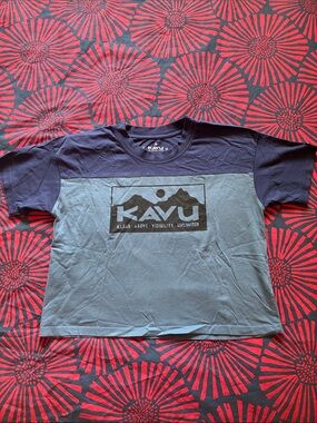 Kavu Navy and Light Blue Colorblock Logo Crop Top